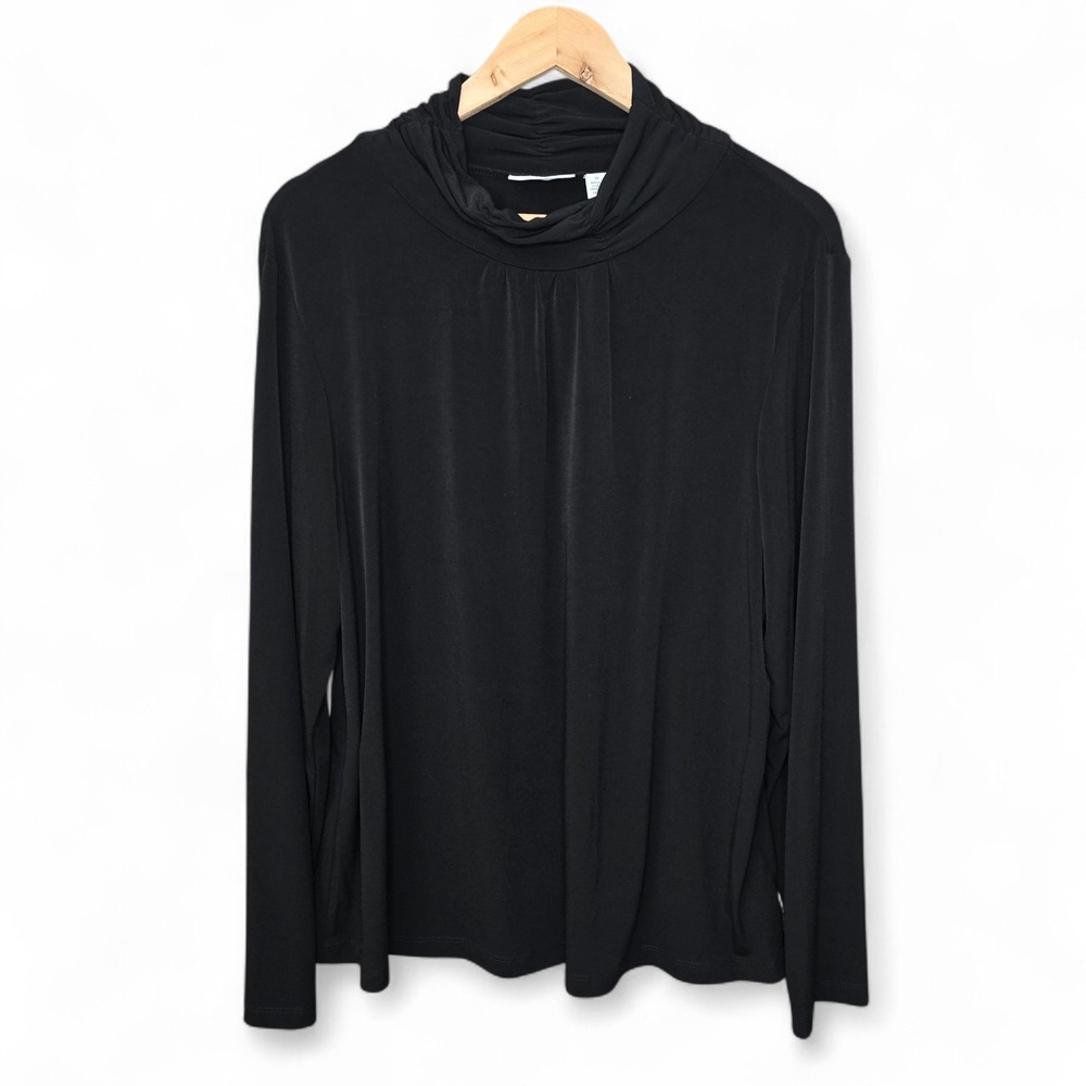 Susan Graver Top Womens XL Black Liquid Knit Mock Neck Long Sleeve blouse Casual